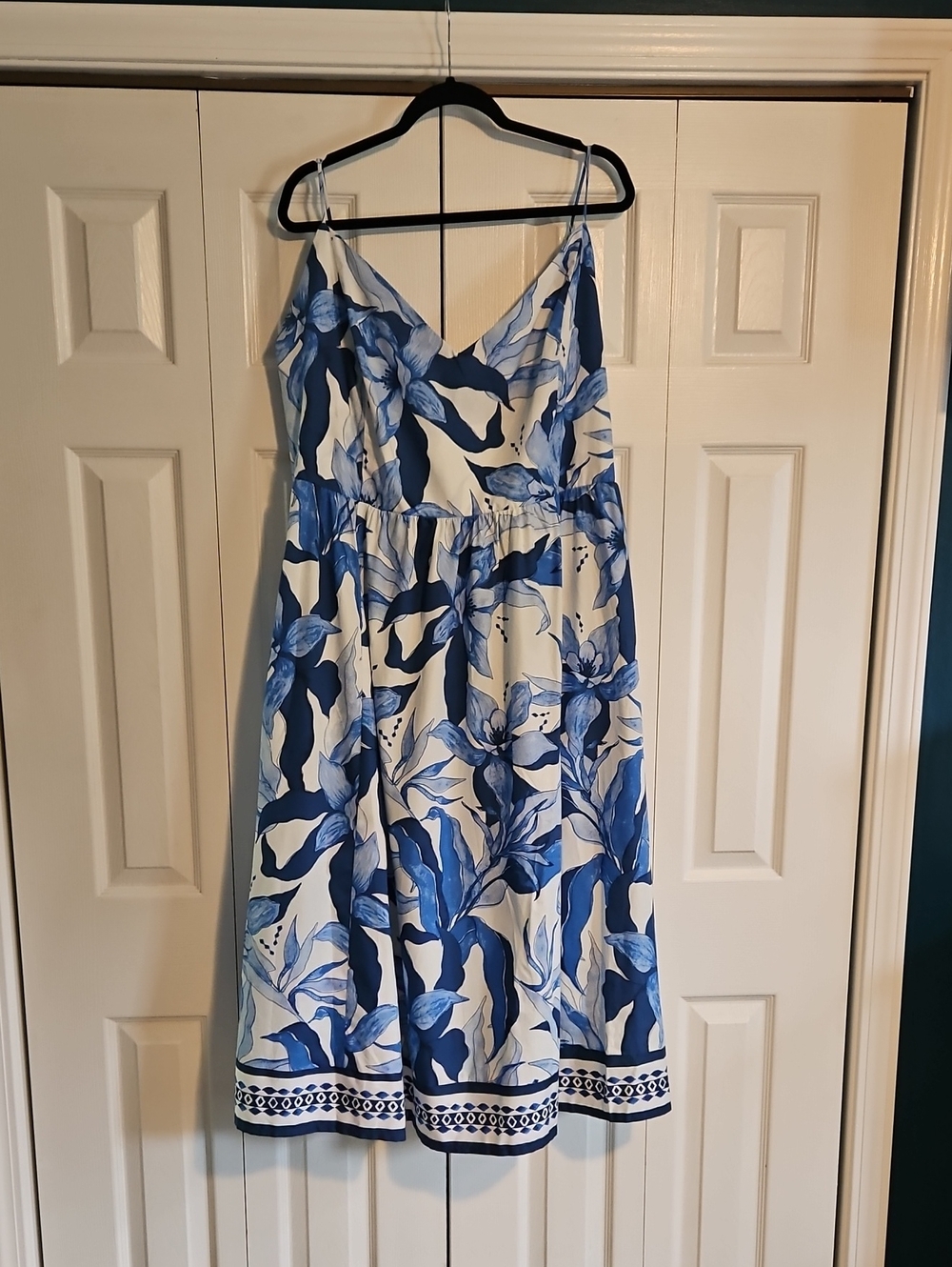 H&M White and Blue Floral Midi Dress with Spaghetti Straps